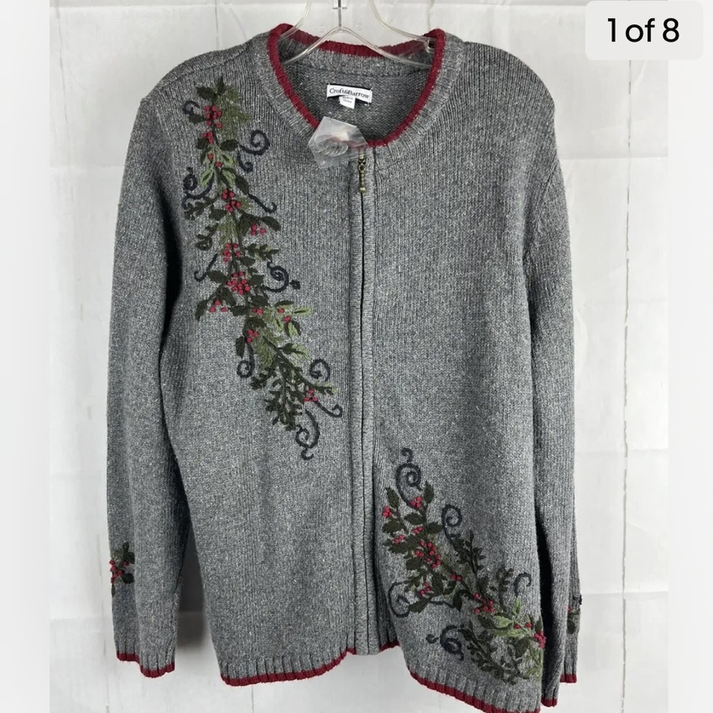 NWT Croft And Barrow Christmas Cardigan Sweater Holly Leaves L